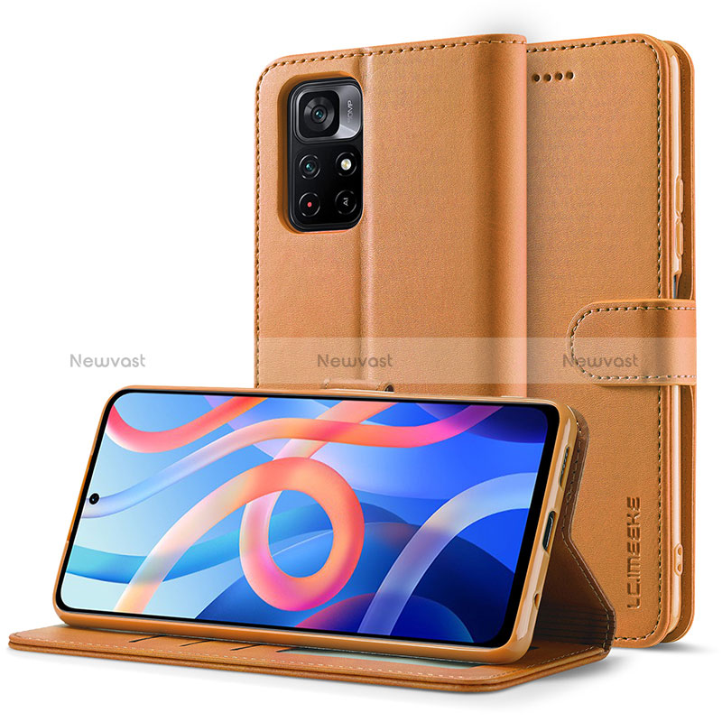 Leather Case Stands Flip Cover Holder LC2 for Xiaomi Poco M4 Pro 5G Light Brown