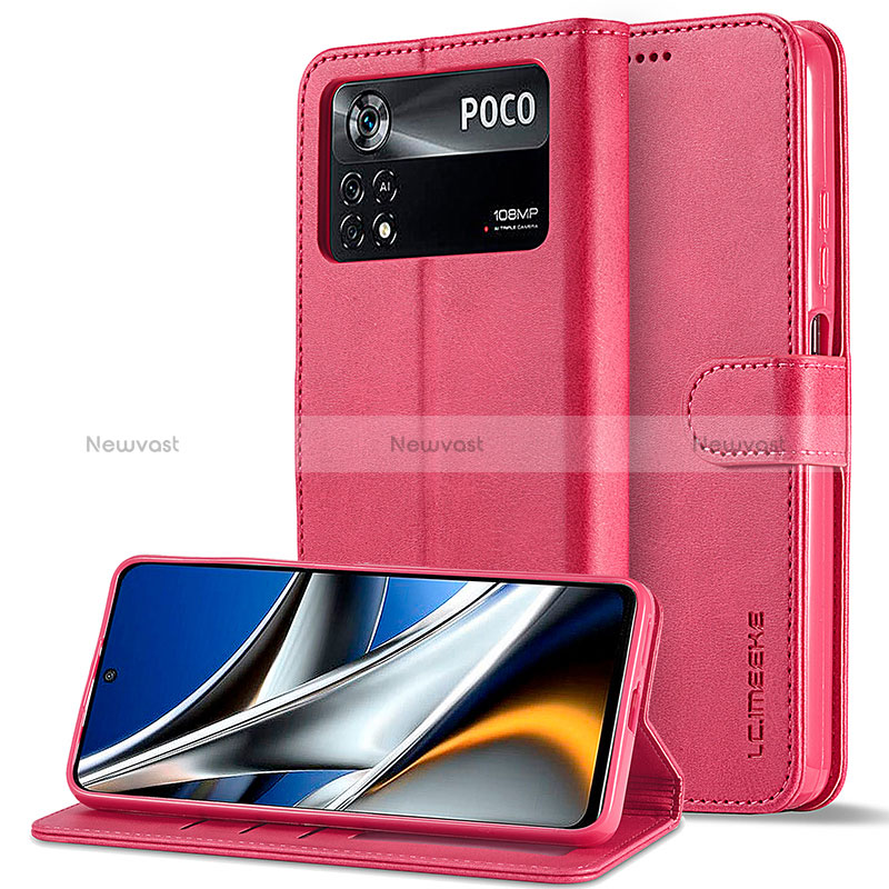 Leather Case Stands Flip Cover Holder LC2 for Xiaomi Poco X4 Pro 5G Hot Pink