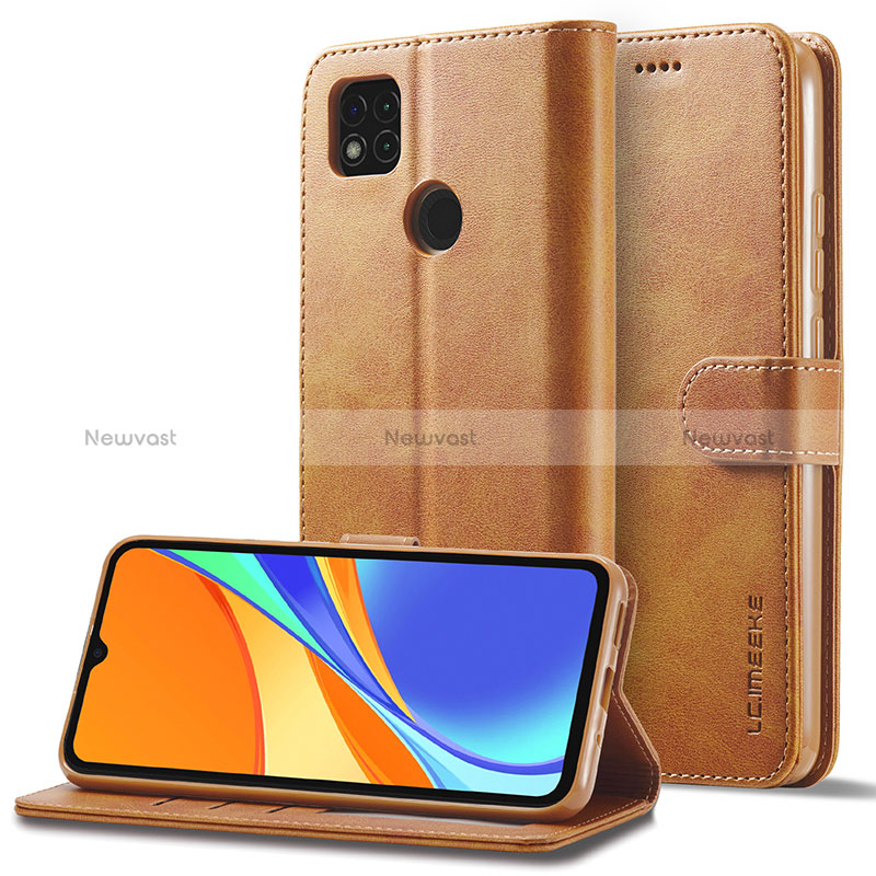 Leather Case Stands Flip Cover Holder LC2 for Xiaomi Redmi 9C Light Brown