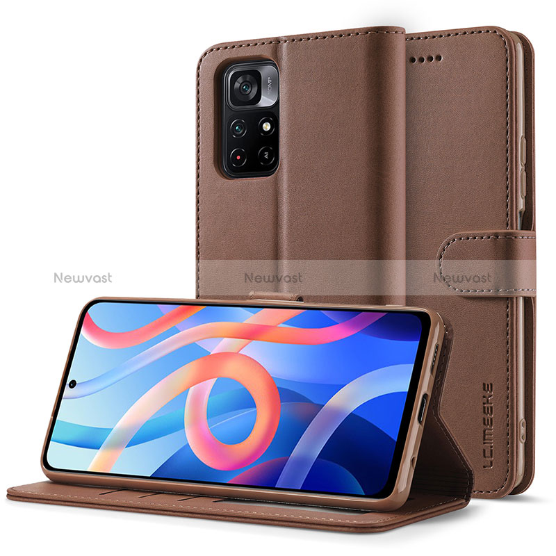 Leather Case Stands Flip Cover Holder LC2 for Xiaomi Redmi Note 11T 5G Brown
