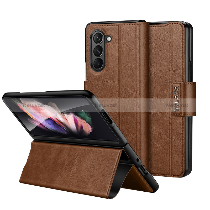 Leather Case Stands Flip Cover Holder LD1 for Samsung Galaxy Z Fold5 5G Brown