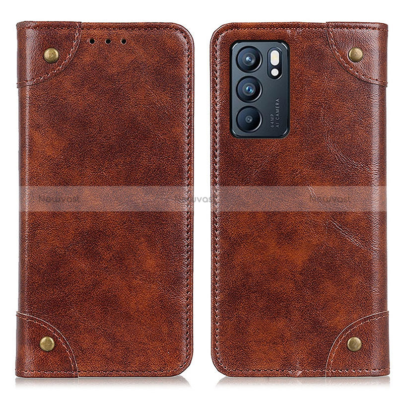 Leather Case Stands Flip Cover Holder M04L for Oppo Reno6 5G Brown