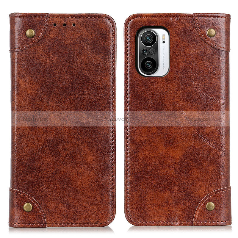 Leather Case Stands Flip Cover Holder M04L for Xiaomi Poco F3 5G Brown