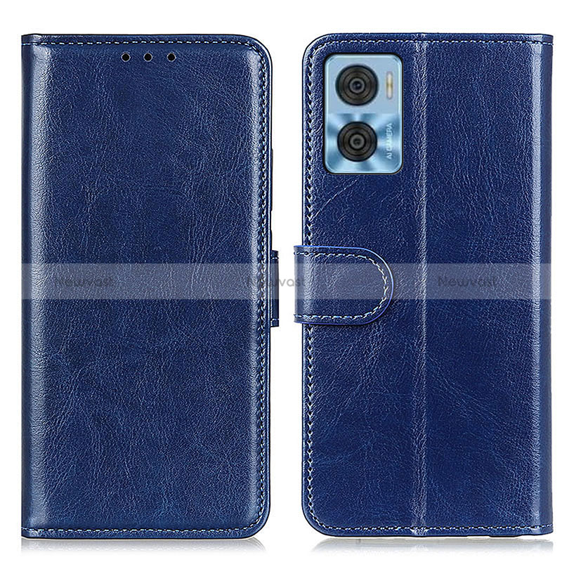 Leather Case Stands Flip Cover Holder M07L for Motorola Moto E22 Blue