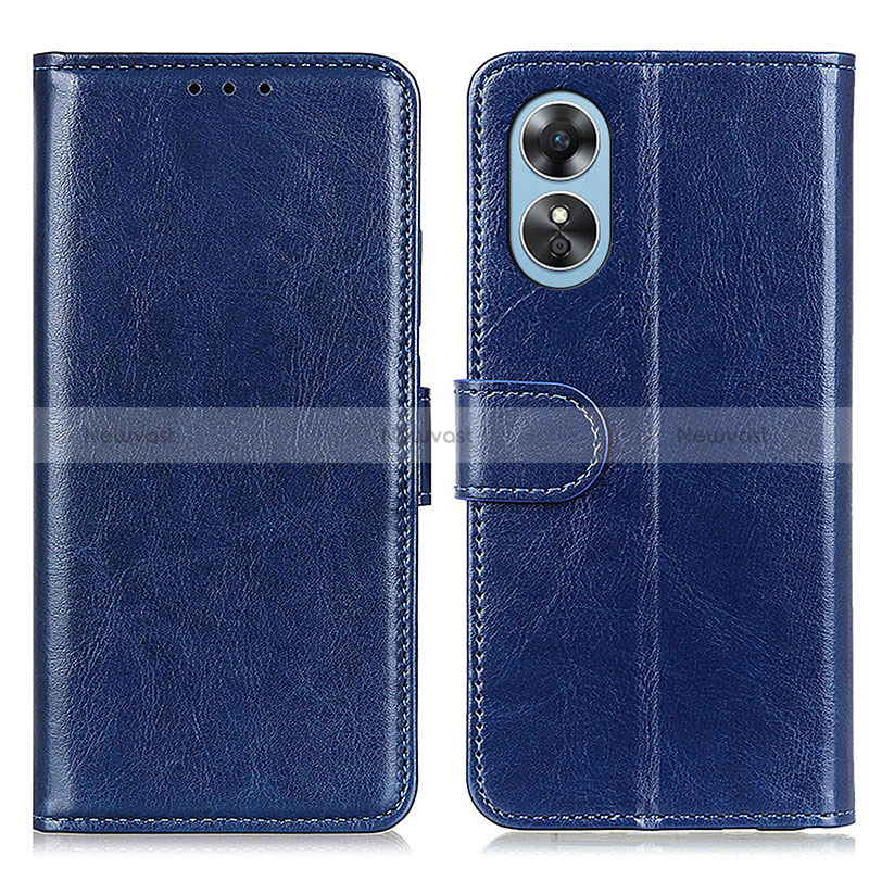 Leather Case Stands Flip Cover Holder M07L for Oppo A17 Blue