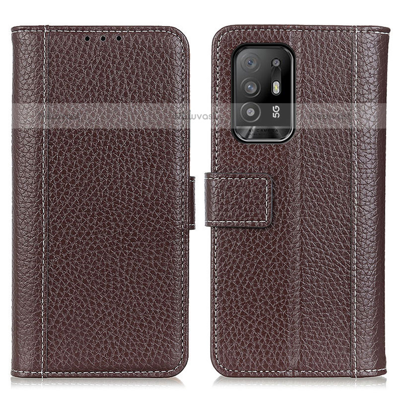 Leather Case Stands Flip Cover Holder M14L for Oppo F19 Pro+ Plus 5G Brown