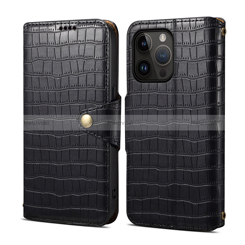 Leather Case Stands Flip Cover Holder MT6 for Apple iPhone 15 Pro Black