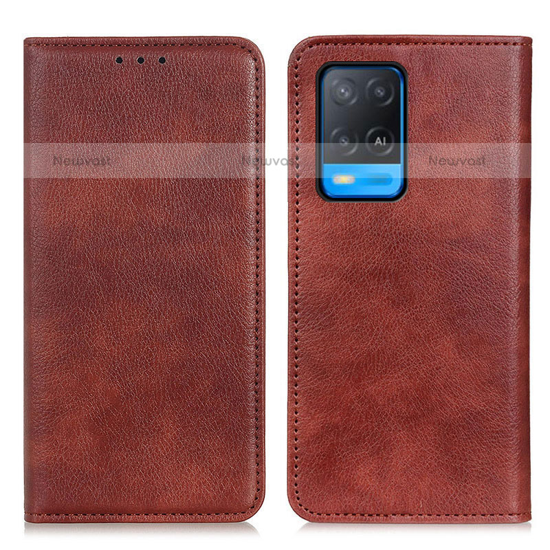 Leather Case Stands Flip Cover Holder N01P for Oppo A54 4G Brown