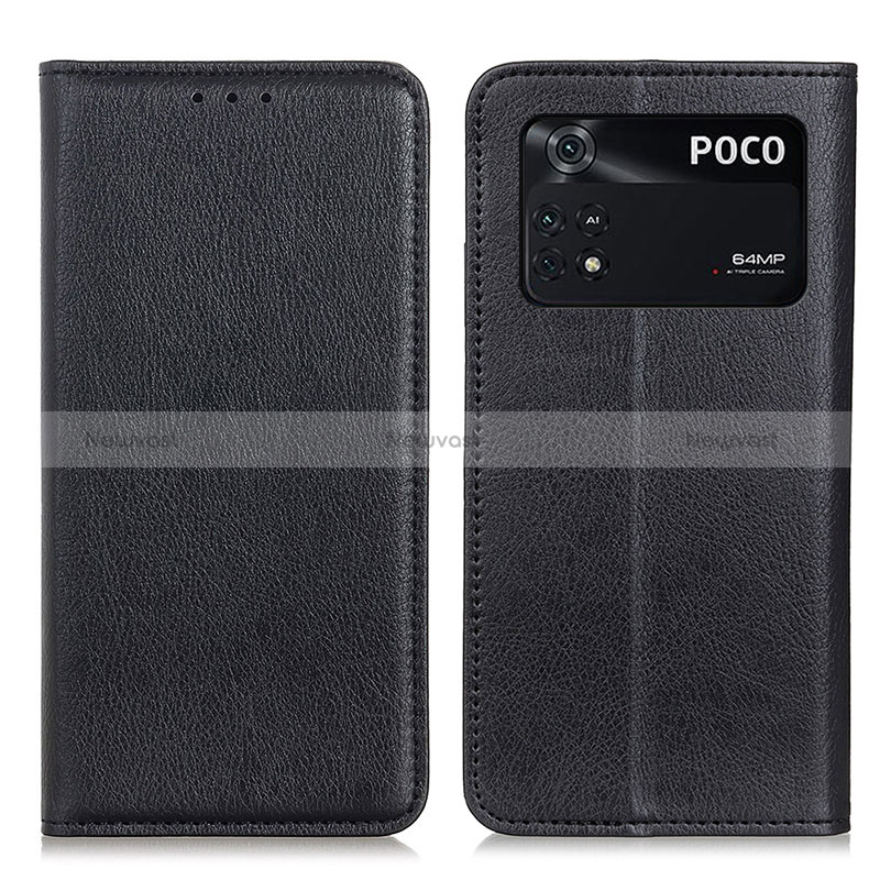 Leather Case Stands Flip Cover Holder N01P for Xiaomi Poco M4 Pro 4G Black