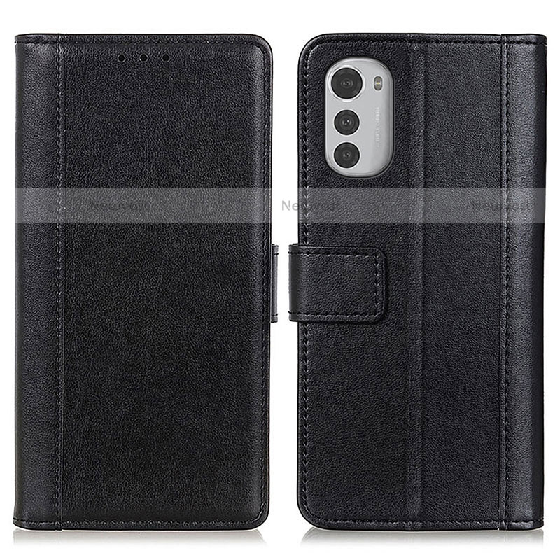 Leather Case Stands Flip Cover Holder N02P for Motorola Moto E32 Black