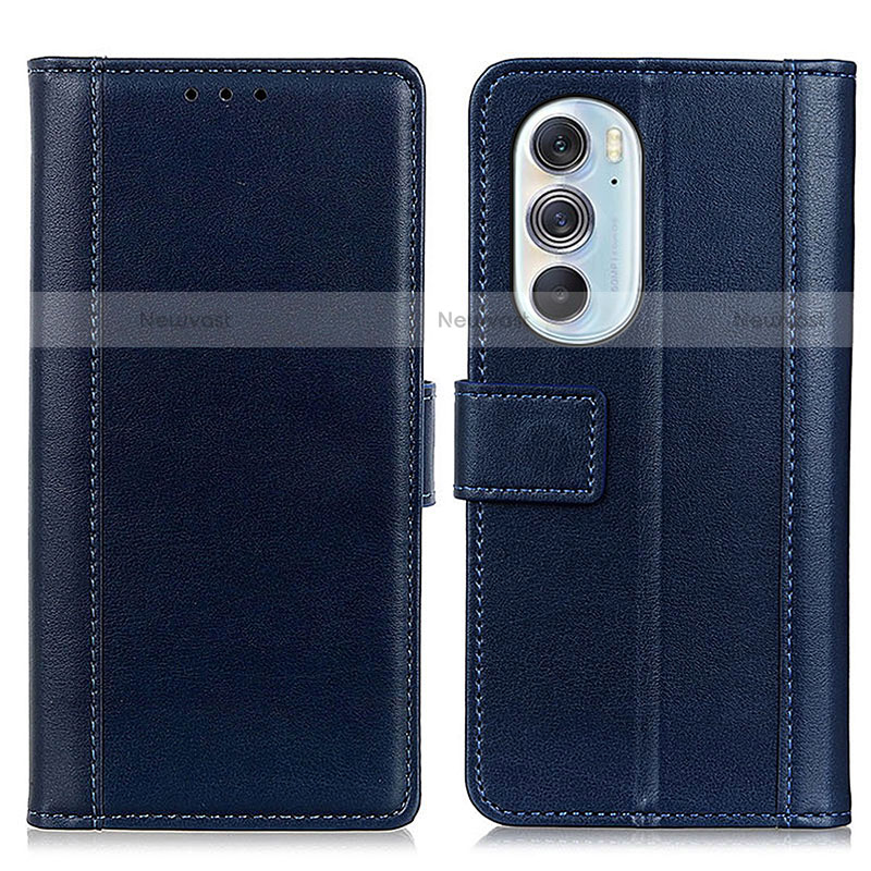 Leather Case Stands Flip Cover Holder N02P for Motorola Moto Edge Plus (2022) 5G Blue