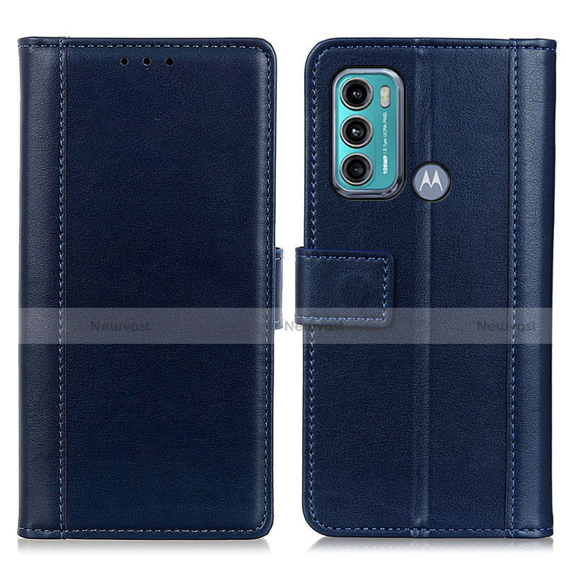 Leather Case Stands Flip Cover Holder N02P for Motorola Moto G60 Blue