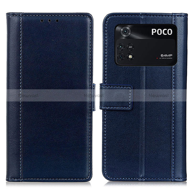 Leather Case Stands Flip Cover Holder N02P for Xiaomi Poco M4 Pro 4G Blue