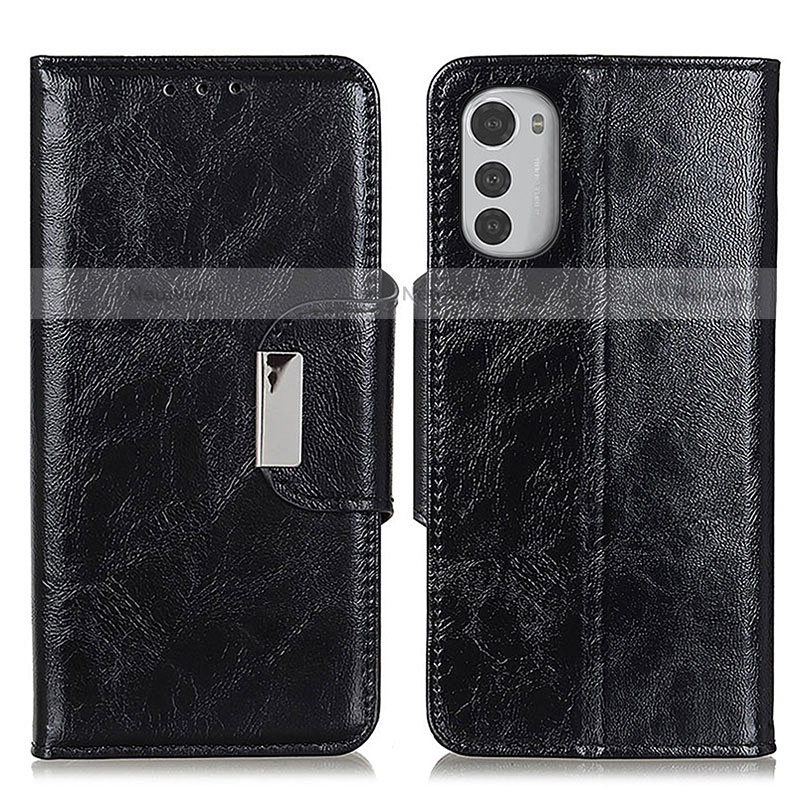 Leather Case Stands Flip Cover Holder N04P for Motorola Moto E32 Black