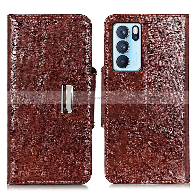 Leather Case Stands Flip Cover Holder N04P for Oppo Reno6 Pro 5G India Brown