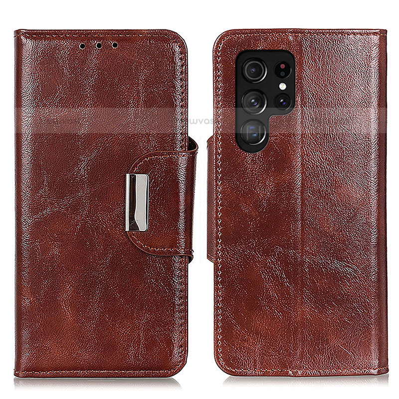 Leather Case Stands Flip Cover Holder N04P for Samsung Galaxy S21 Ultra 5G Brown