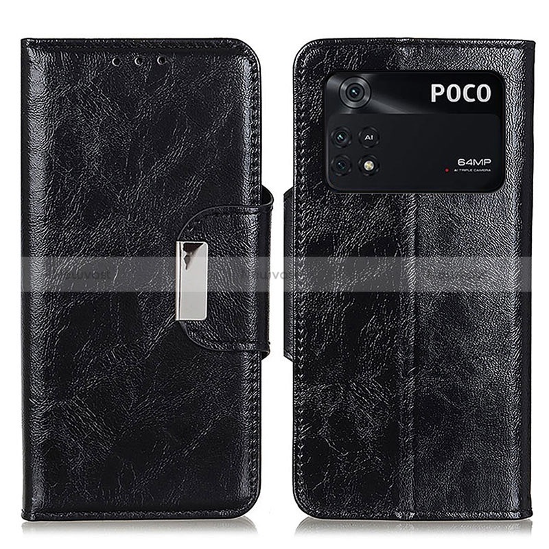 Leather Case Stands Flip Cover Holder N04P for Xiaomi Poco M4 Pro 4G Black