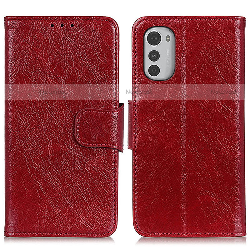 Leather Case Stands Flip Cover Holder N05P for Motorola Moto E32 Red