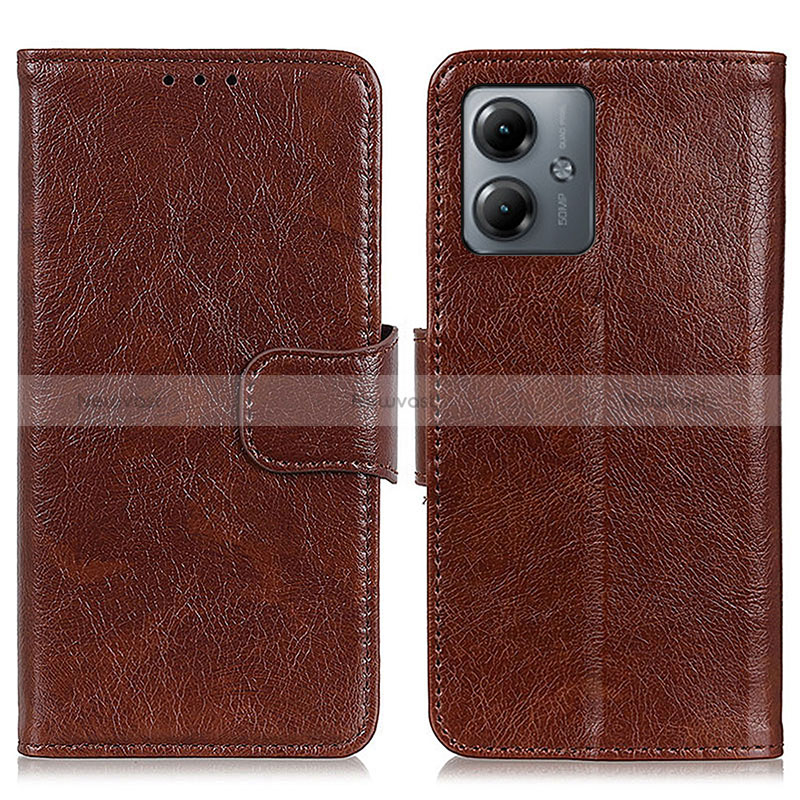 Leather Case Stands Flip Cover Holder N05P for Motorola Moto G14 Brown