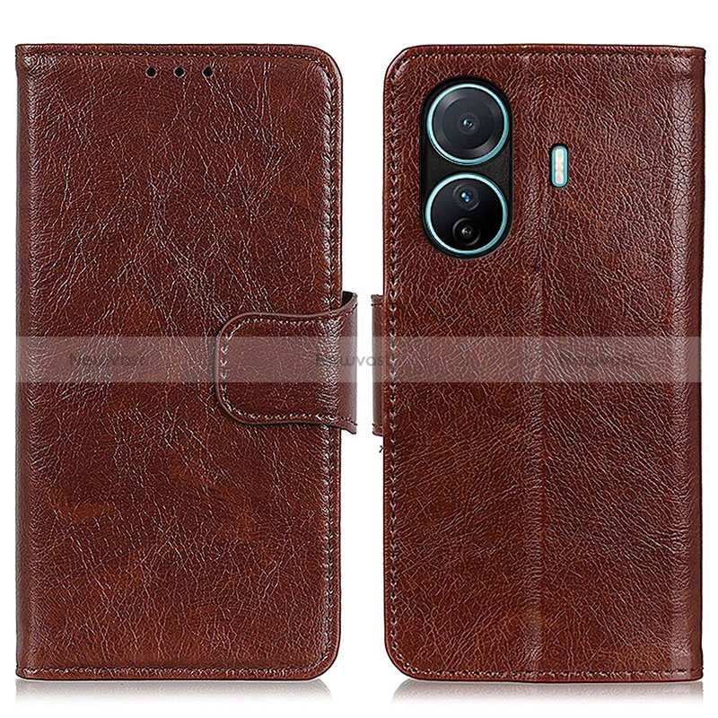 Leather Case Stands Flip Cover Holder N05P for Vivo iQOO Z6 Pro 5G Brown