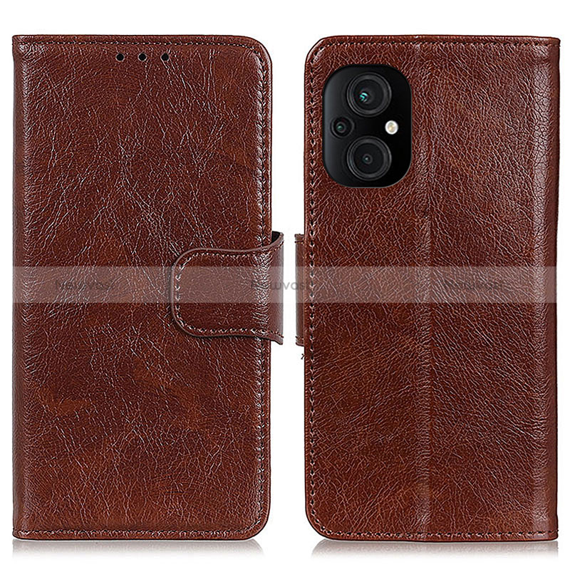 Leather Case Stands Flip Cover Holder N05P for Xiaomi Poco M5 4G Brown