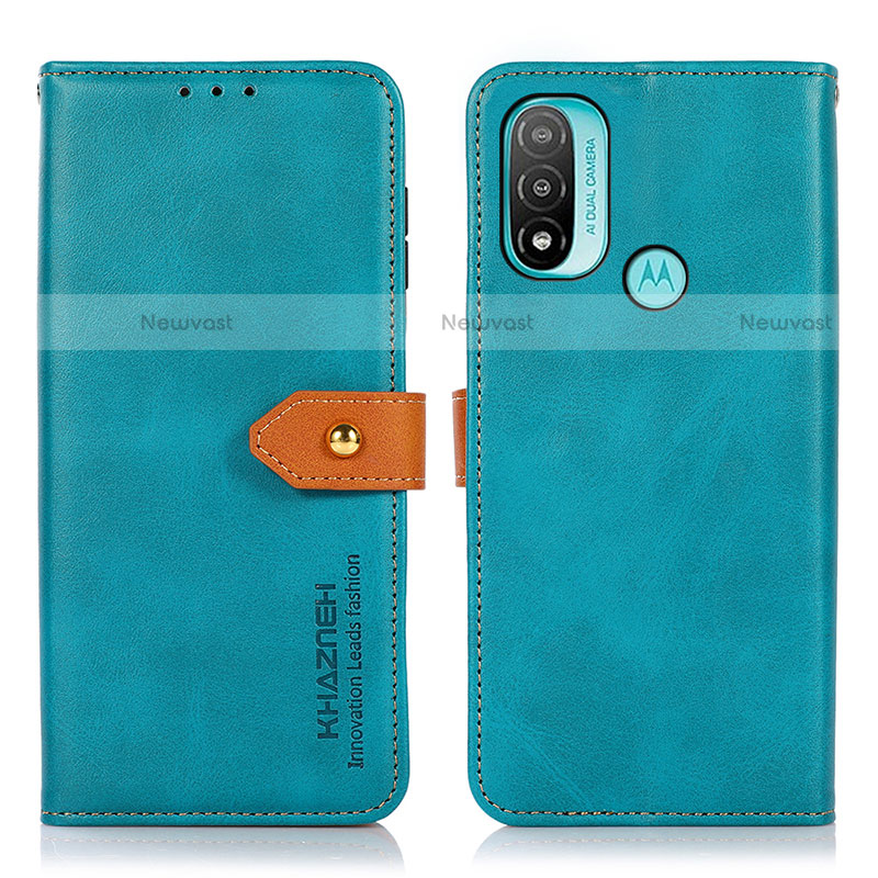 Leather Case Stands Flip Cover Holder N07P for Motorola Moto E30 Cyan