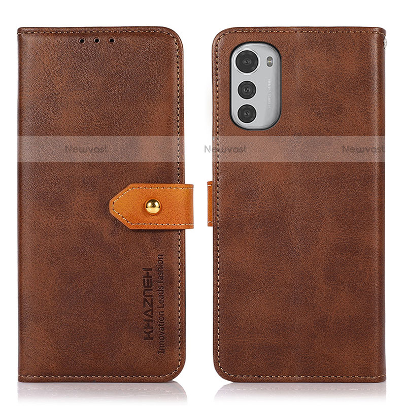 Leather Case Stands Flip Cover Holder N07P for Motorola Moto E32 Brown