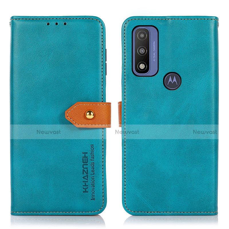 Leather Case Stands Flip Cover Holder N07P for Motorola Moto G Pure Cyan