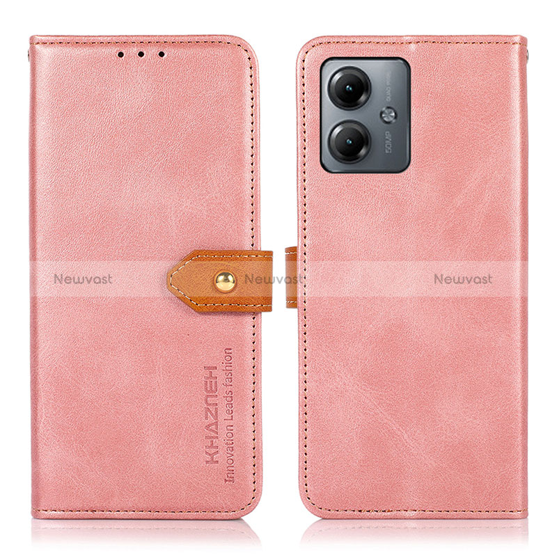 Leather Case Stands Flip Cover Holder N07P for Motorola Moto G14 Pink