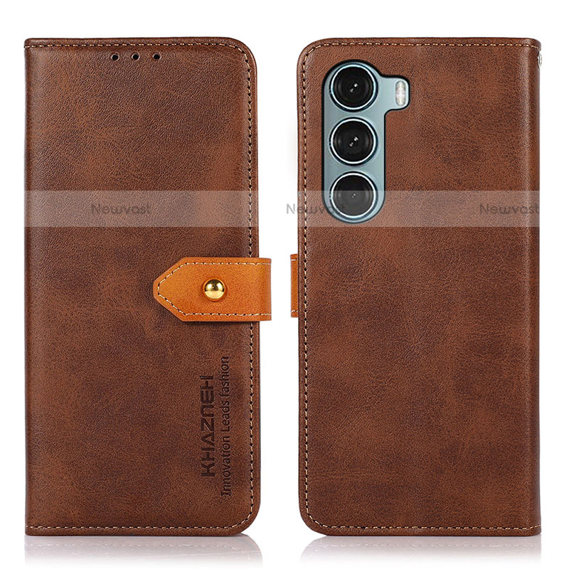 Leather Case Stands Flip Cover Holder N07P for Motorola Moto G200 5G Brown