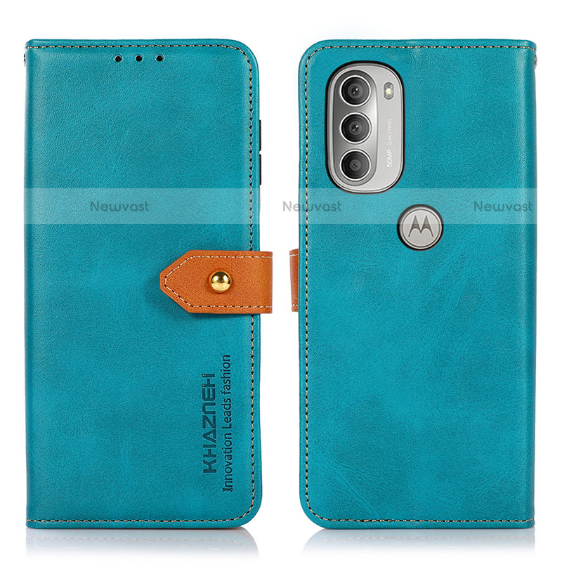 Leather Case Stands Flip Cover Holder N07P for Motorola Moto G51 5G Cyan