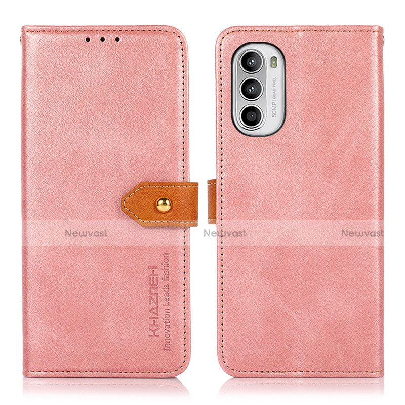 Leather Case Stands Flip Cover Holder N07P for Motorola MOTO G52 Pink