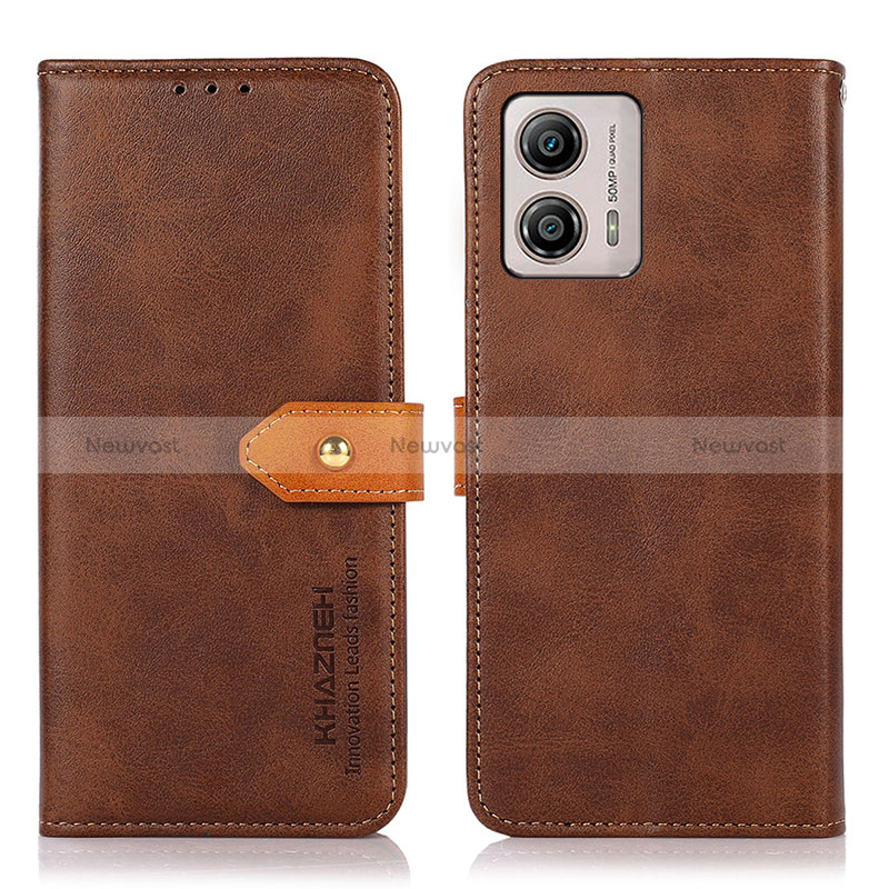 Leather Case Stands Flip Cover Holder N07P for Motorola Moto G53j 5G Brown