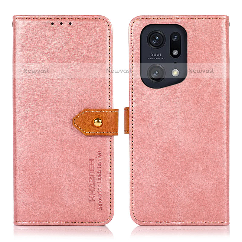 Leather Case Stands Flip Cover Holder N07P for Oppo Find X5 Pro 5G Pink