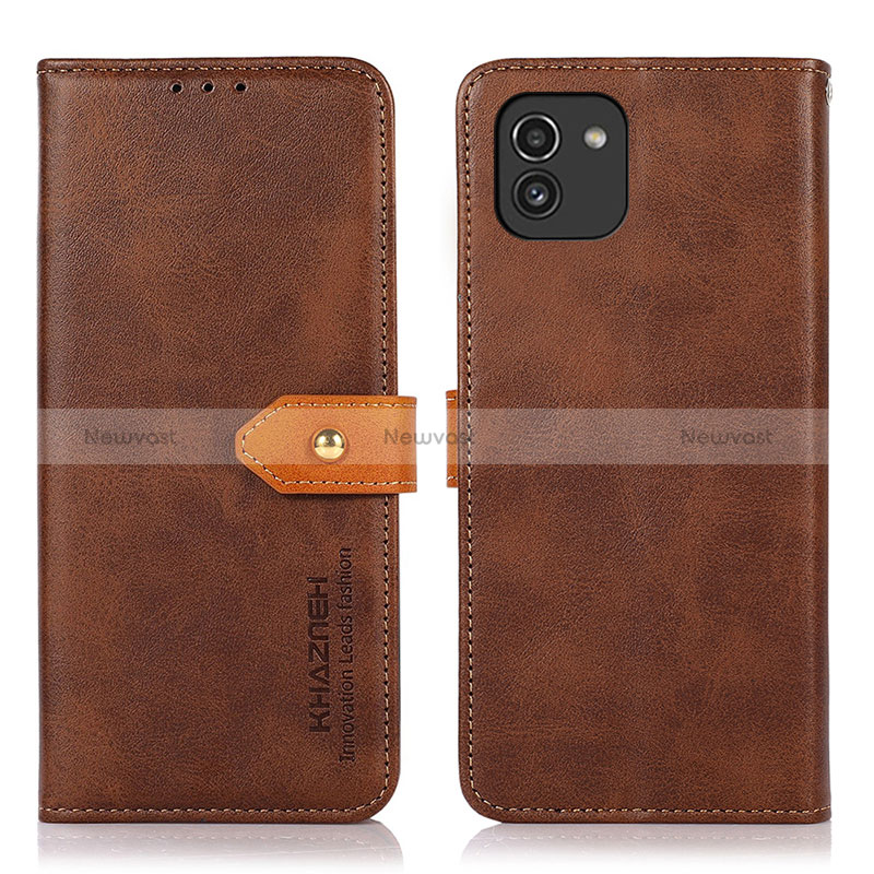 Leather Case Stands Flip Cover Holder N07P for Samsung Galaxy A03 Brown