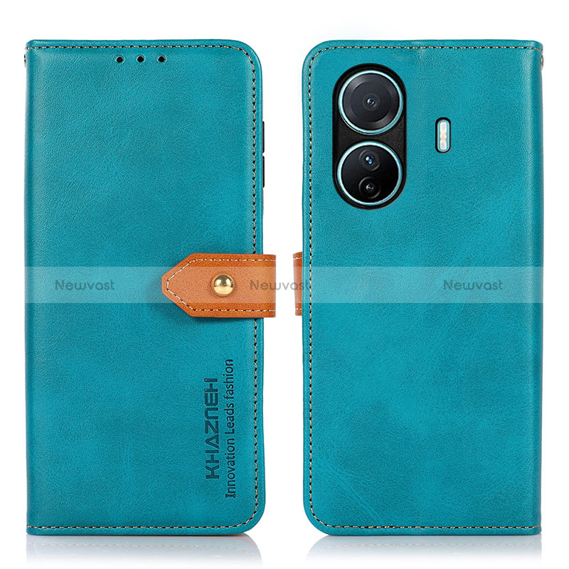 Leather Case Stands Flip Cover Holder N07P for Vivo T1 5G Cyan