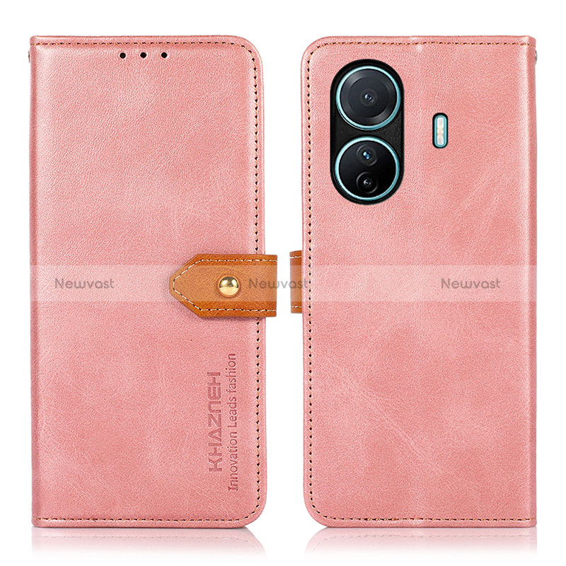 Leather Case Stands Flip Cover Holder N07P for Vivo T1 5G Pink