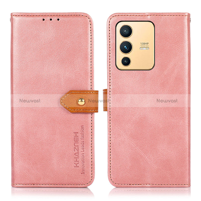 Leather Case Stands Flip Cover Holder N07P for Vivo V23 5G Pink