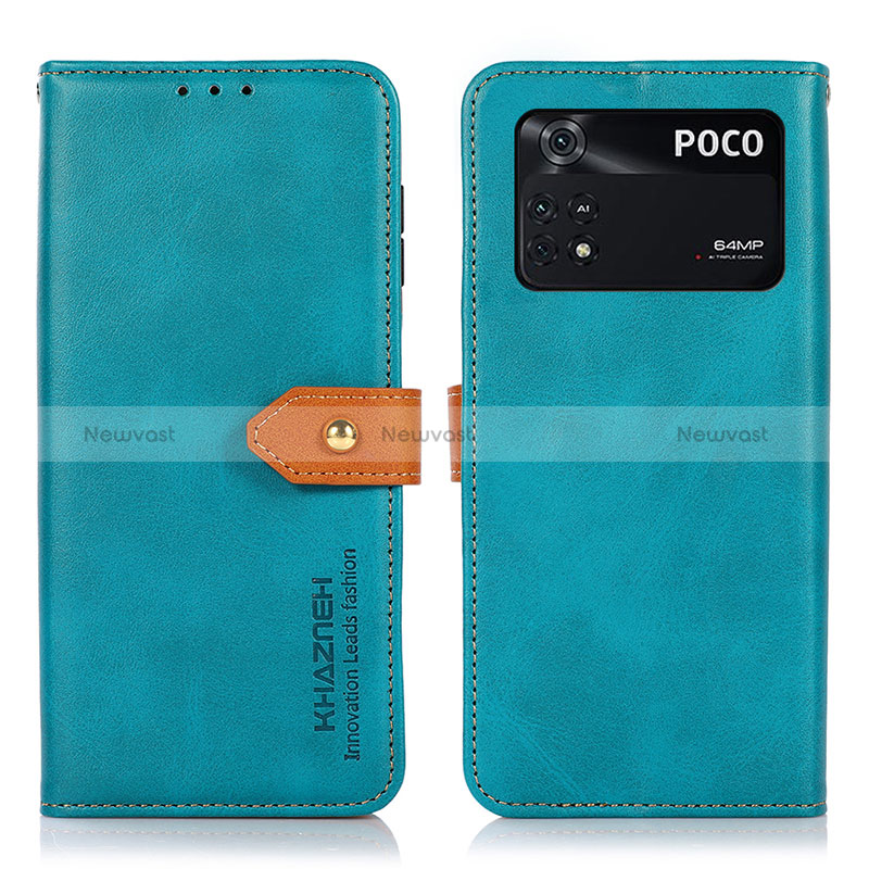 Leather Case Stands Flip Cover Holder N07P for Xiaomi Poco M4 Pro 4G Cyan