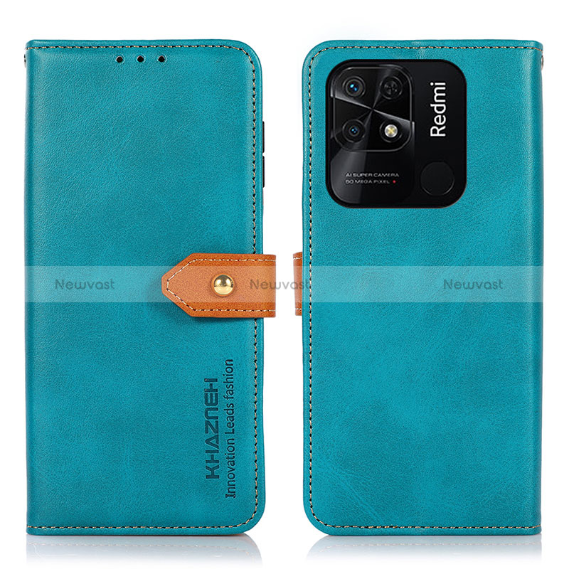 Leather Case Stands Flip Cover Holder N07P for Xiaomi Redmi 10 India Cyan