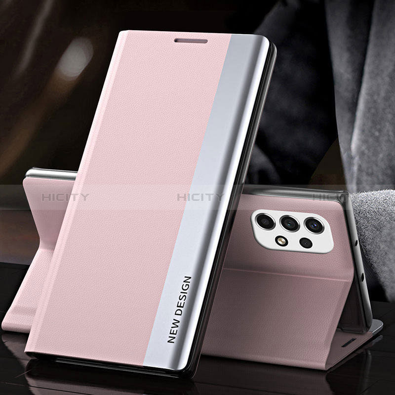 Leather Case Stands Flip Cover Holder Q01H for Samsung Galaxy A73 5G Rose Gold