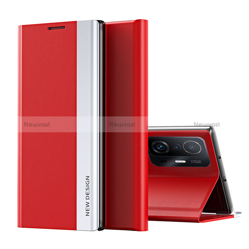 Leather Case Stands Flip Cover Holder Q01H for Xiaomi Mi 11T 5G Red
