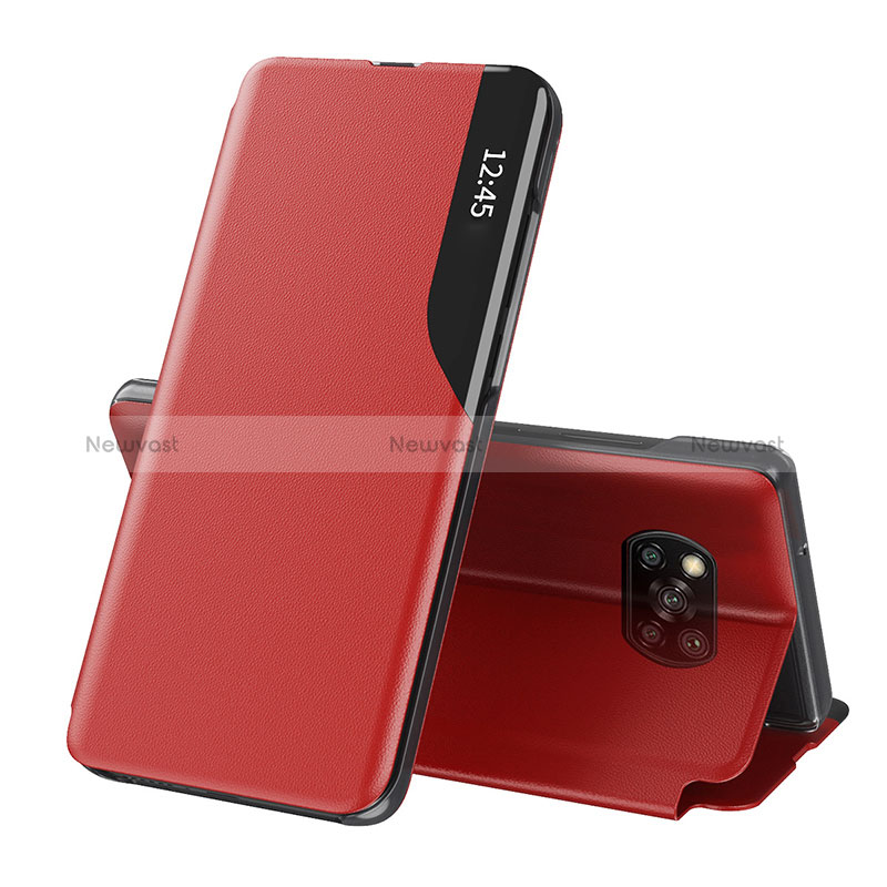 Leather Case Stands Flip Cover Holder Q01H for Xiaomi Poco X3 Red