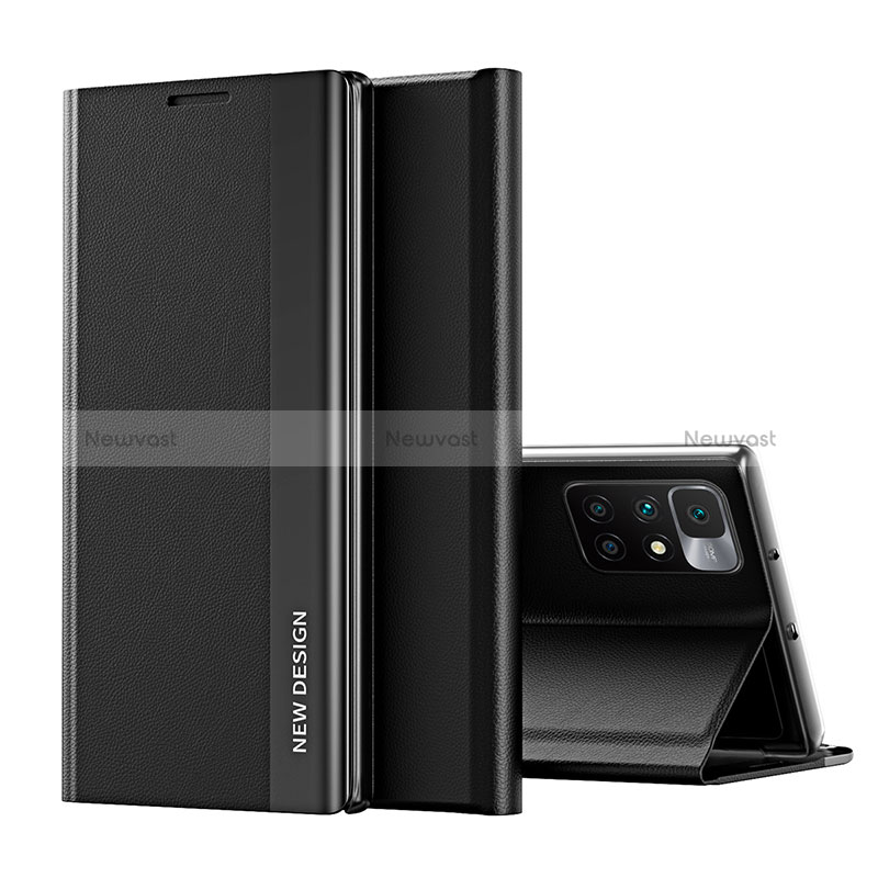 Leather Case Stands Flip Cover Holder Q01H for Xiaomi Redmi 10 4G Black