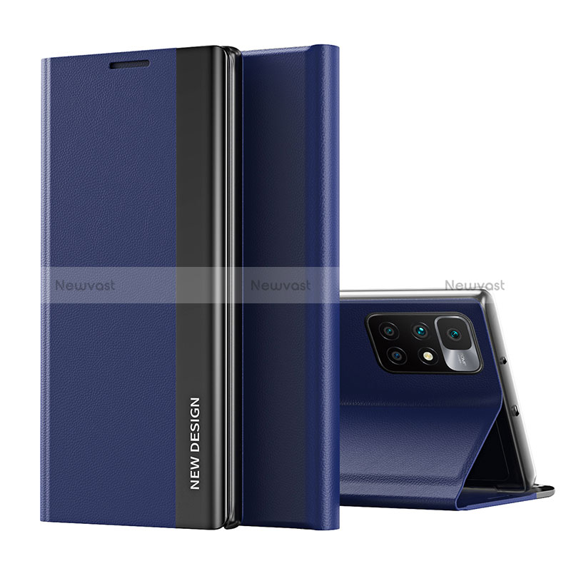 Leather Case Stands Flip Cover Holder Q01H for Xiaomi Redmi 10 4G Blue