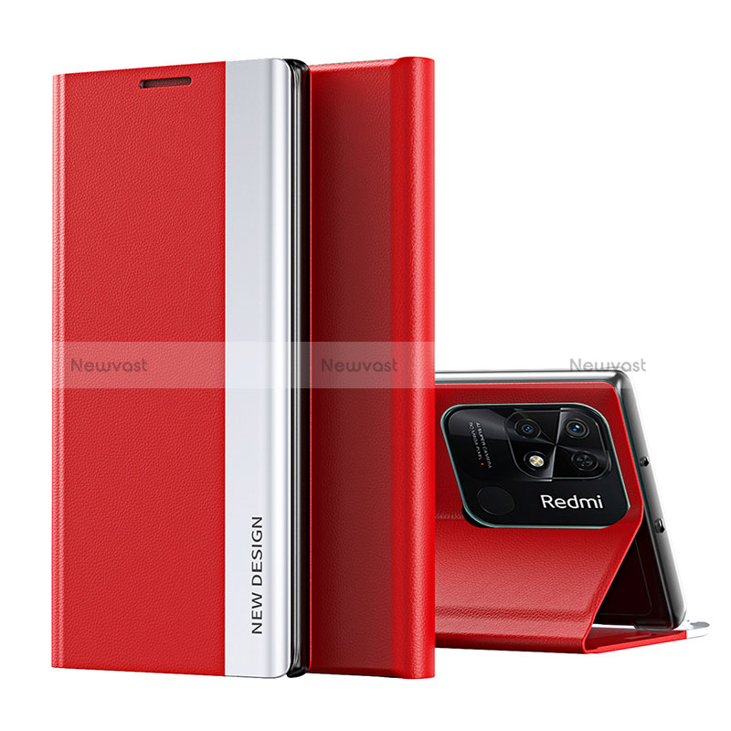 Leather Case Stands Flip Cover Holder Q01H for Xiaomi Redmi 10 India Red