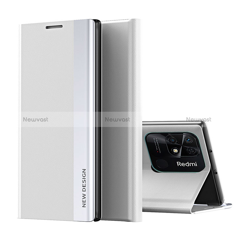 Leather Case Stands Flip Cover Holder Q01H for Xiaomi Redmi 10 India Silver