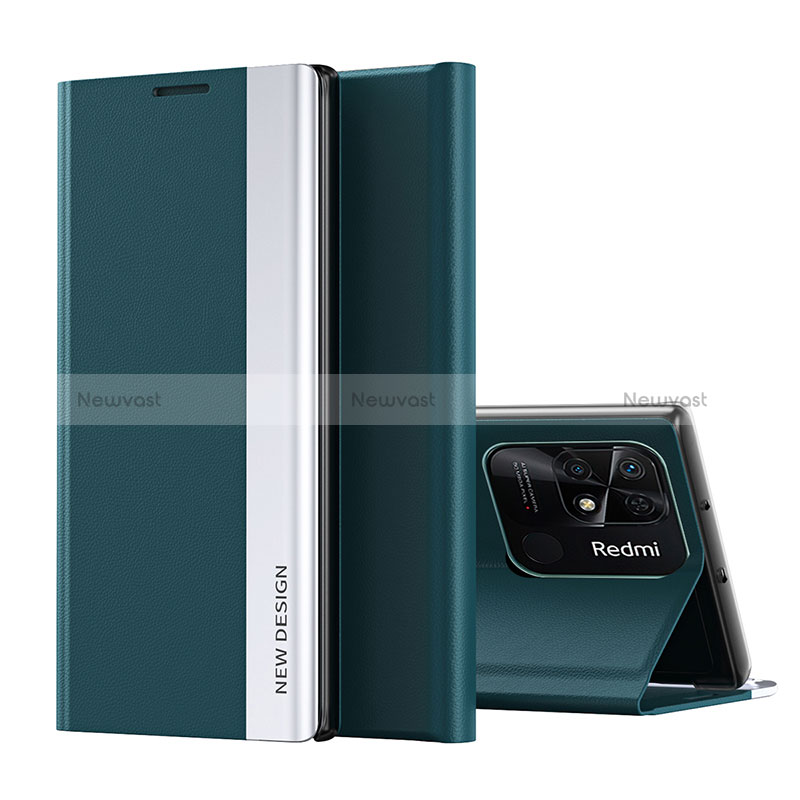 Leather Case Stands Flip Cover Holder Q01H for Xiaomi Redmi 10C 4G Green