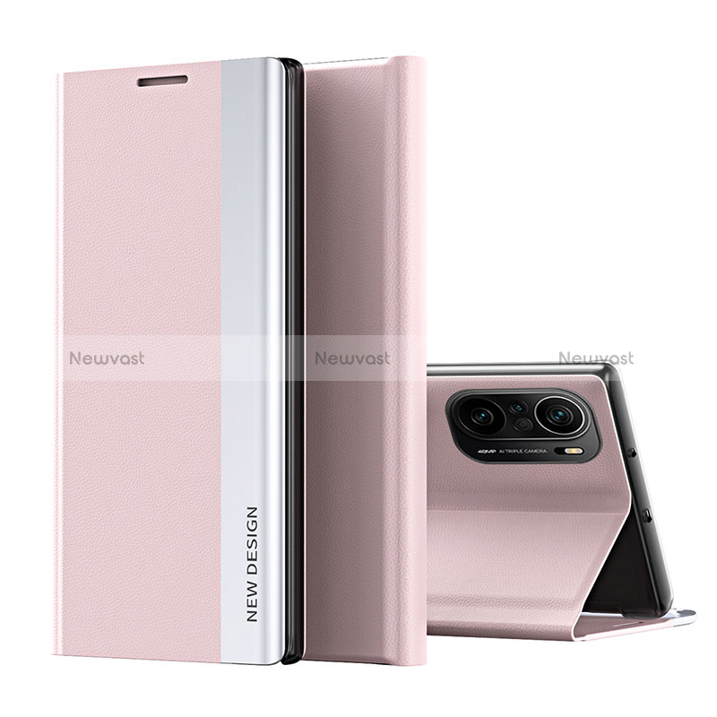 Leather Case Stands Flip Cover Holder Q01H for Xiaomi Redmi K40 Pro+ Plus 5G Rose Gold