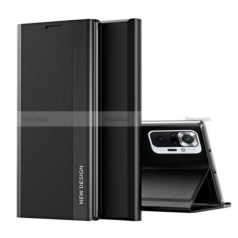 Leather Case Stands Flip Cover Holder Q01H for Xiaomi Redmi Note 10 Pro 4G Black